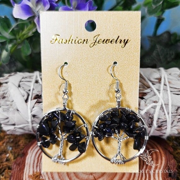 Cricket's Crystals Jewelry - Obsidian Tree of Life Earrings #1